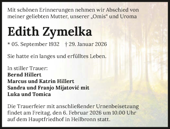 Traueranzeige von Edith Zymelka von GESAMT