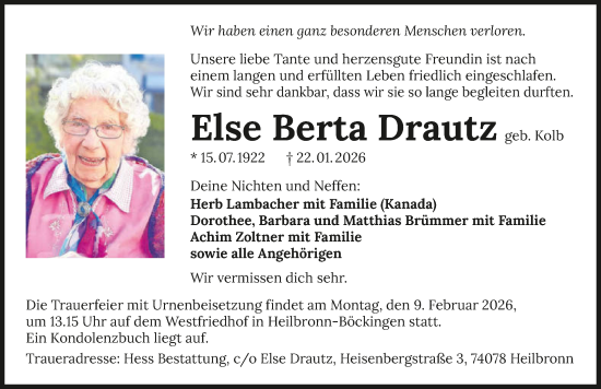 Traueranzeige von Else Berta Drautz von GESAMT