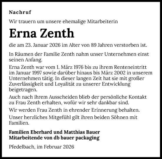 Traueranzeige von Erna Zenth von GESAMT