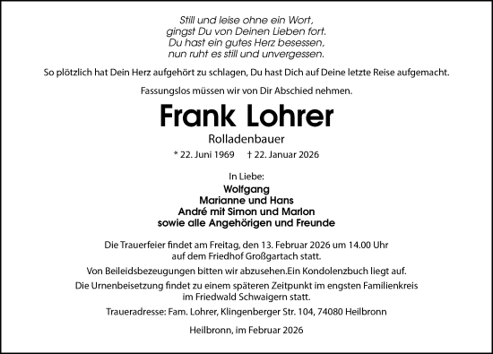 Traueranzeige von Frank Lohrer von GESAMT
