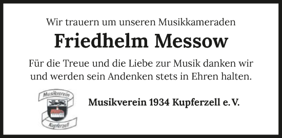 Traueranzeige von Friedhelm Messow von GESAMT