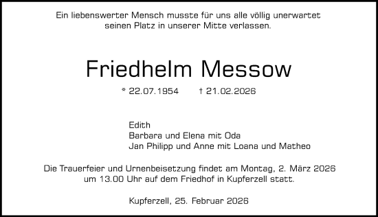 Traueranzeige von Friedhelm Messow von GESAMT
