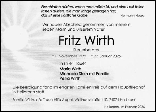 Traueranzeige von Fritz Wirth von GESAMT