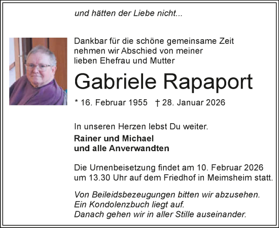 Traueranzeige von Gabriele Rapaport von GESAMT
