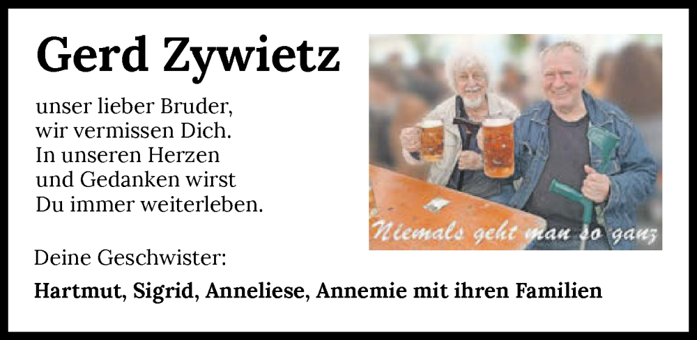  Traueranzeige für Gerd Zywietz vom 04.02.2026 aus GESAMT
