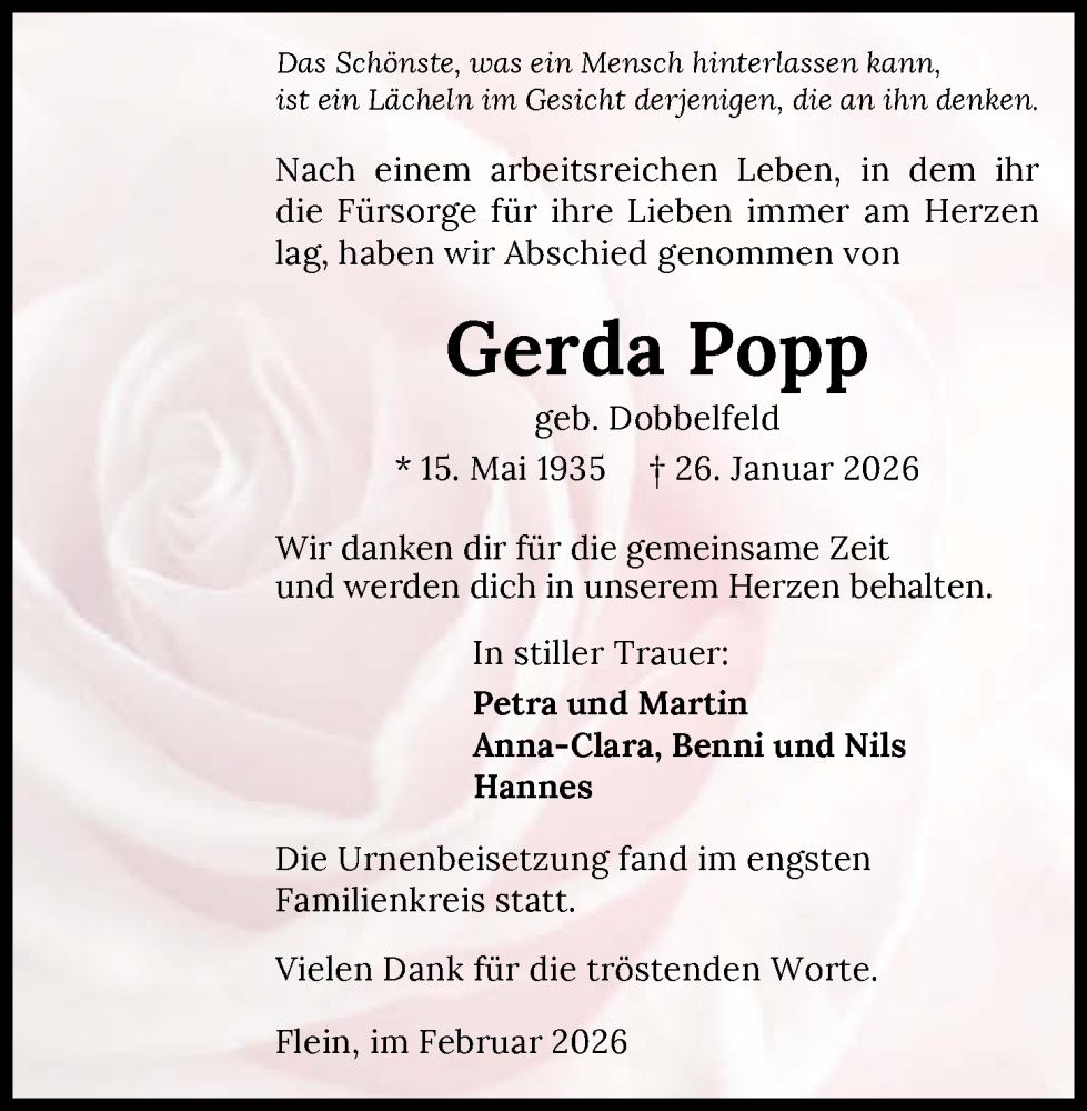  Traueranzeige für Gerda Popp vom 07.02.2026 aus GESAMT