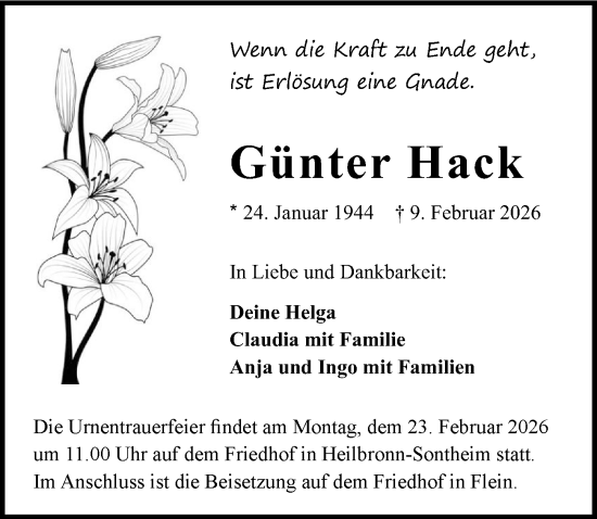 Traueranzeige von Günter Hack von GESAMT