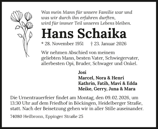 Traueranzeige von Hans Schaika von GESAMT