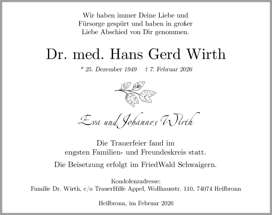 Traueranzeige von Hans Gerd Wirth von GESAMT