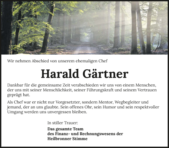 Traueranzeige von Harald Gärtner von GESAMT