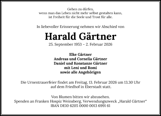 Traueranzeige von Harald Gärtner von GESAMT