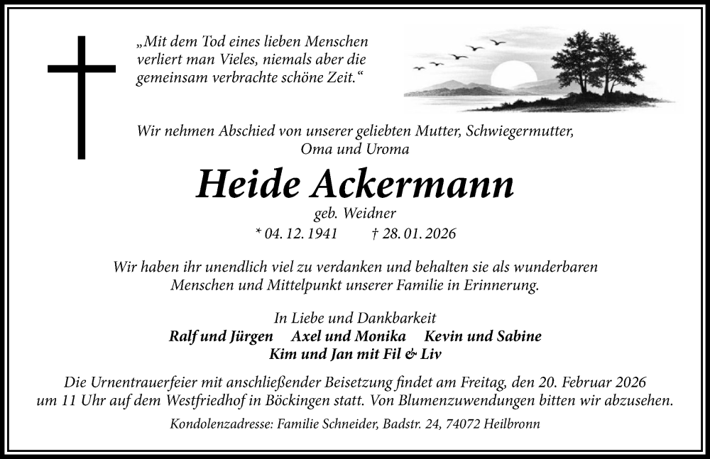  Traueranzeige für Heide Ackermann vom 14.02.2026 aus GESAMT