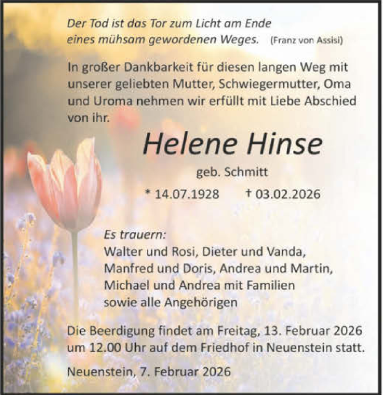 Traueranzeige von Helene Hinse von GESAMT