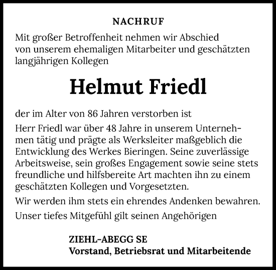 Traueranzeige von Helmut Friedl von GESAMT