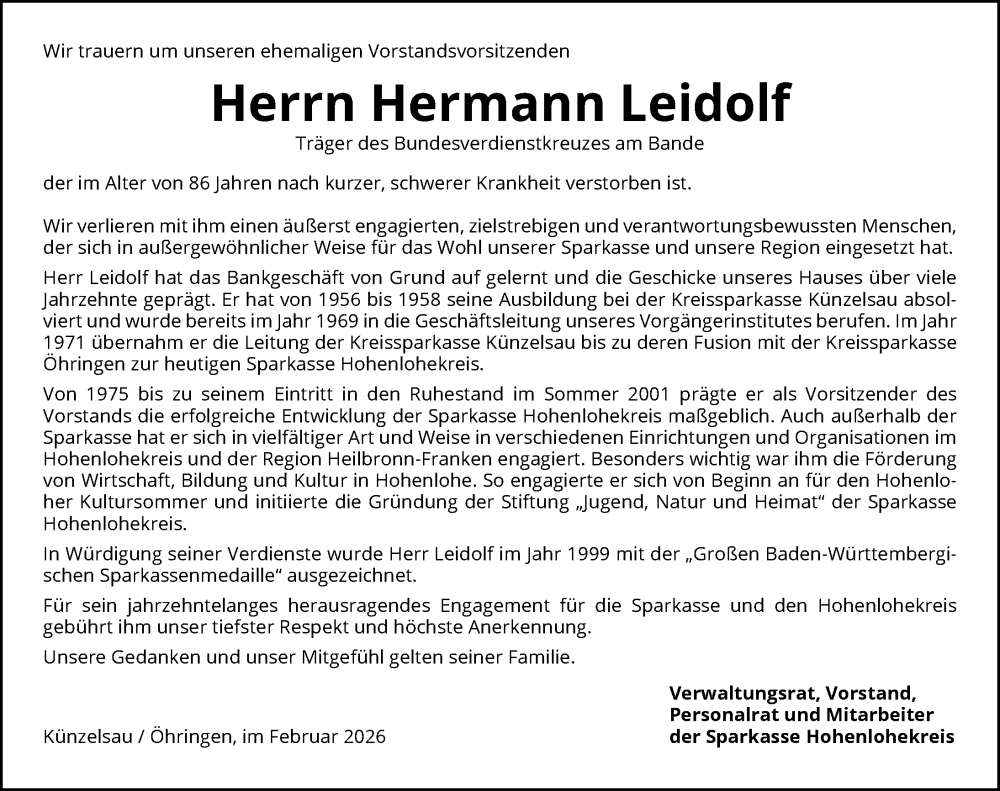  Traueranzeige für Hermann Leidolf vom 14.02.2026 aus GESAMT