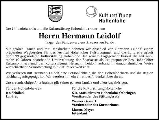 Traueranzeige von Hermann Leidolf von GESAMT