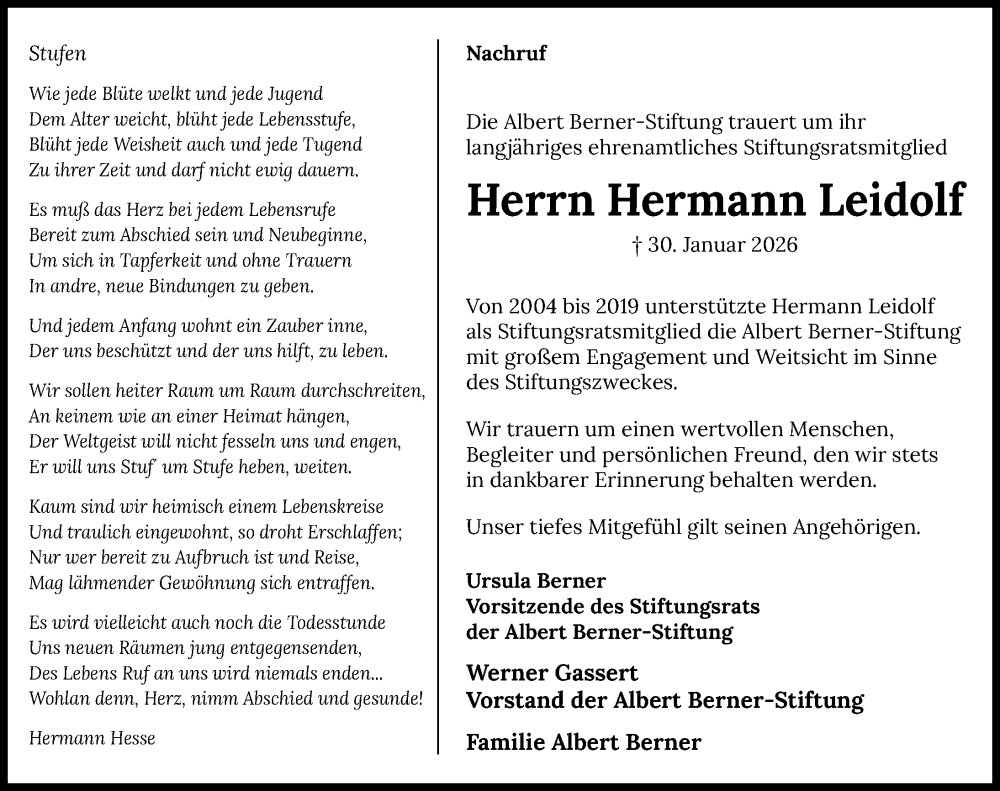  Traueranzeige für Hermann Leidolf vom 14.02.2026 aus GESAMT