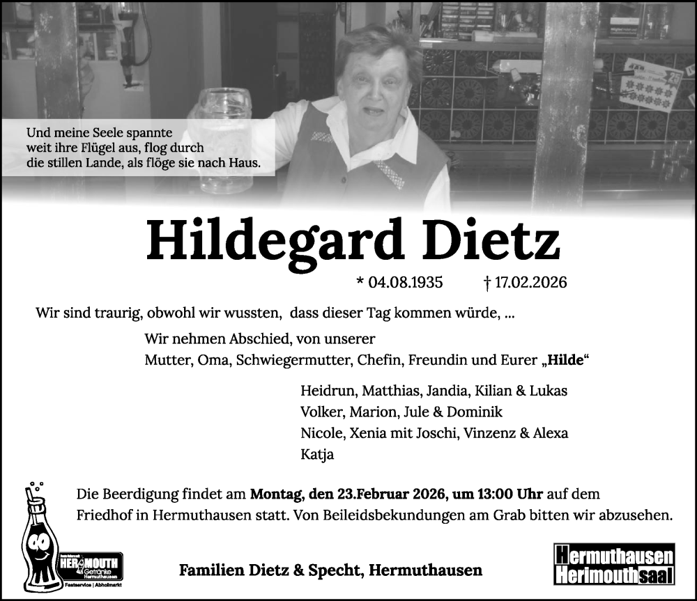  Traueranzeige für Hildegard Dietz vom 21.02.2026 aus GESAMT