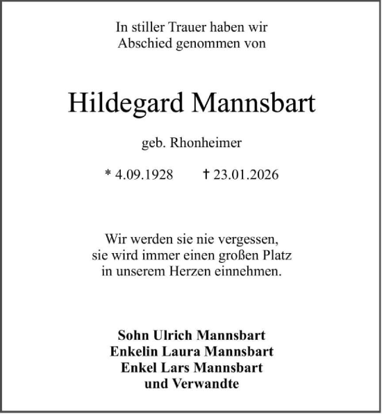 Traueranzeige von Hildegard Mannsbart von GESAMT