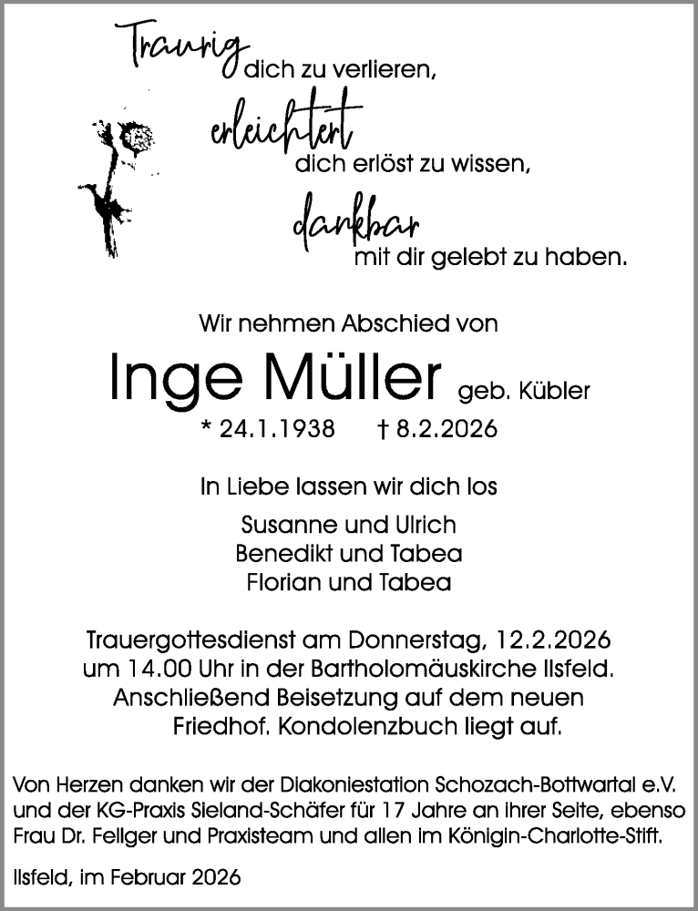 Traueranzeige für Inge Müller vom 11.02.2026 aus GESAMT
