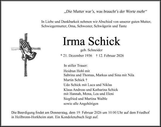 Traueranzeige von Irma Schick von GESAMT