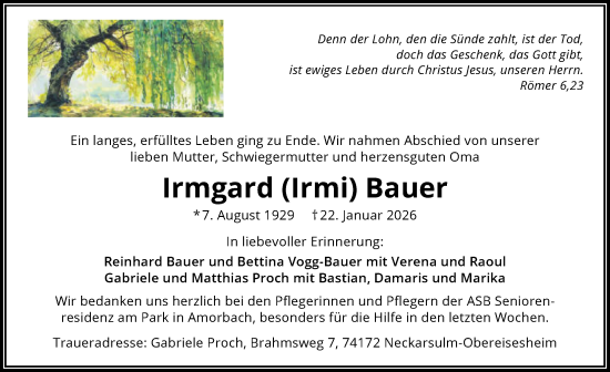 Traueranzeige von Irmgard Bauer von GESAMT