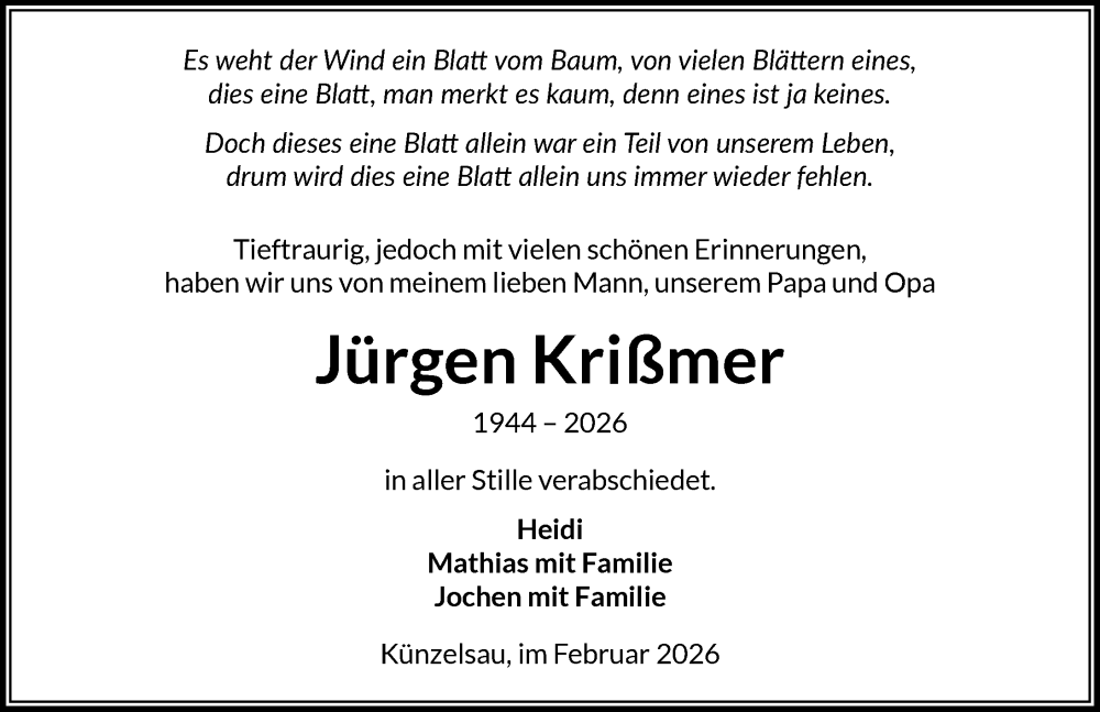  Traueranzeige für Jürgen Krißmer vom 06.02.2026 aus GESAMT