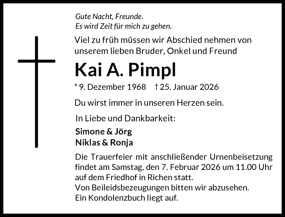  Traueranzeige für Kai A. Pimpl vom 03.02.2026 aus GESAMT