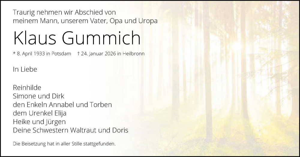  Traueranzeige für Klaus Gummich vom 14.02.2026 aus GESAMT