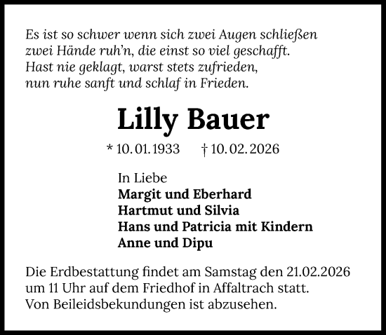 Traueranzeige von Lilly Bauer von GESAMT