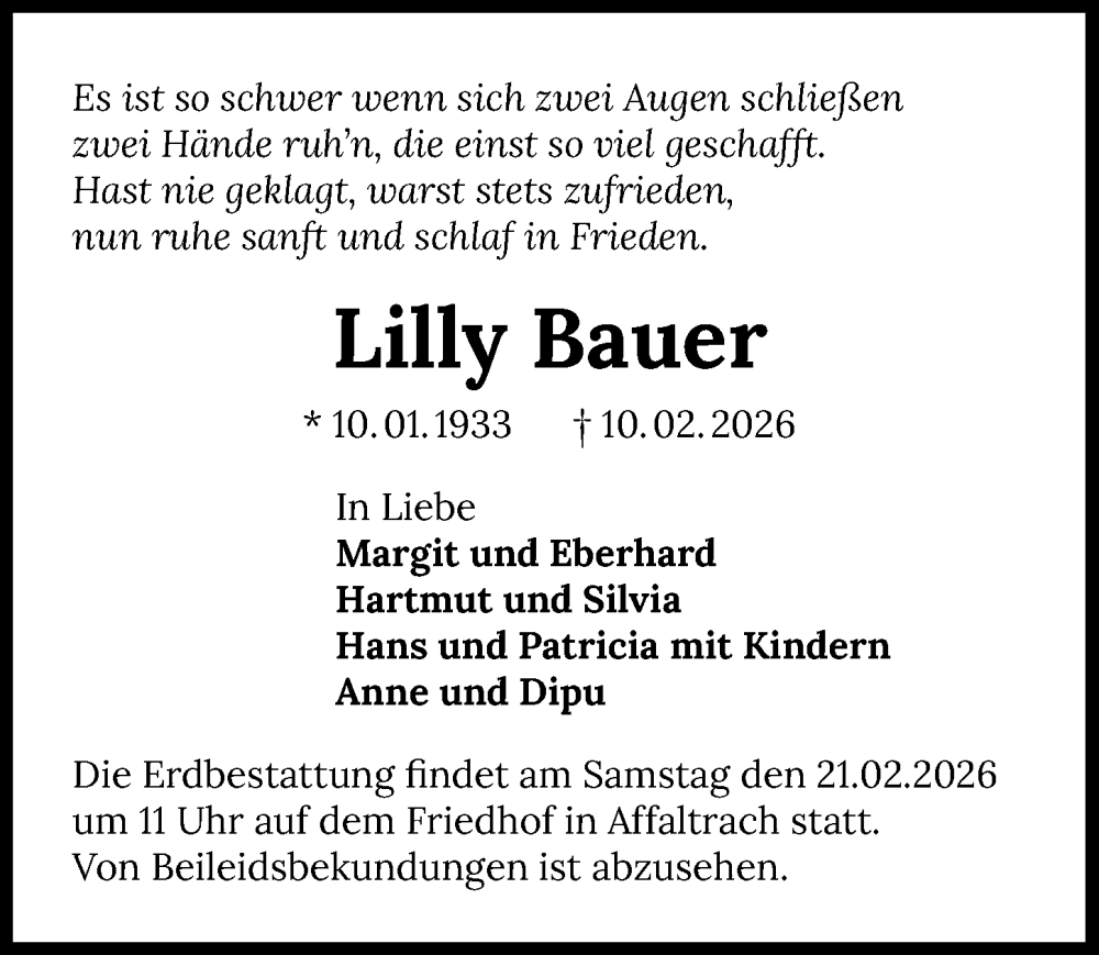  Traueranzeige für Lilly Bauer vom 17.02.2026 aus GESAMT