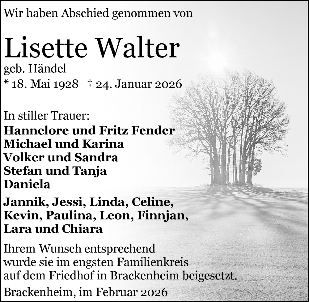  Traueranzeige für Lisette Walter vom 07.02.2026 aus GESAMT