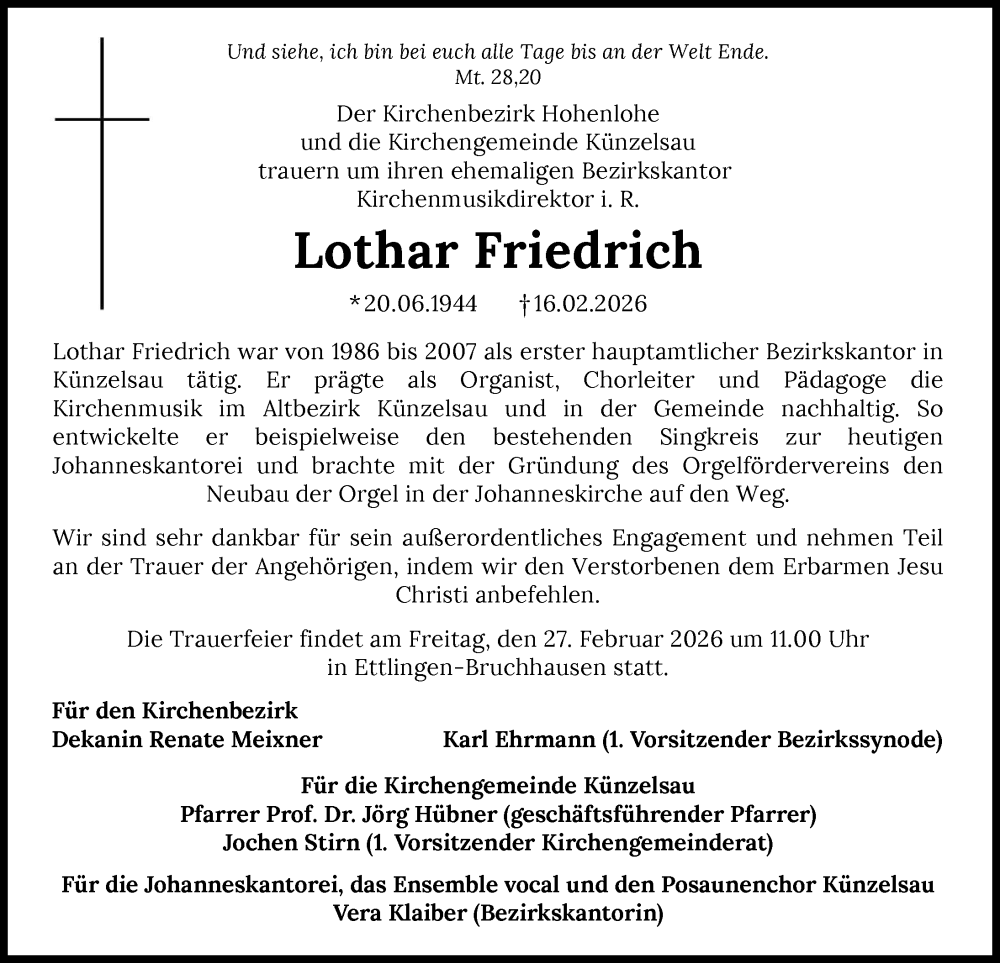  Traueranzeige für Lothar Friedrich vom 25.02.2026 aus GESAMT