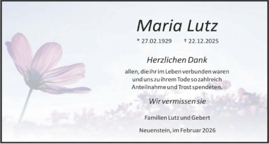 Traueranzeige von Maria Lutz von GESAMT