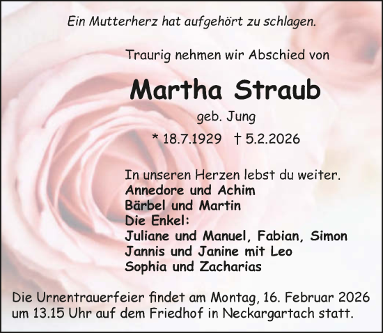 Traueranzeige von Martha Straub von GESAMT
