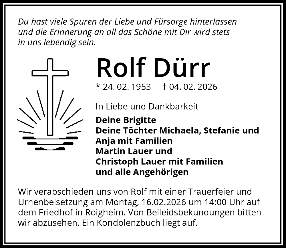  Traueranzeige für Rolf Dürr vom 07.02.2026 aus GESAMT