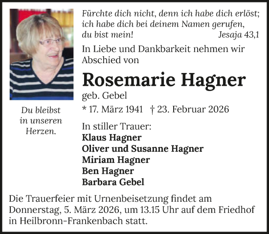 Traueranzeige von Rosemarie Hagner von GESAMT