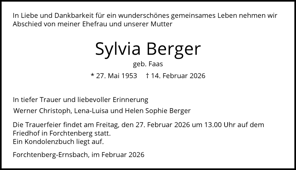  Traueranzeige für Sylvia Berger vom 24.02.2026 aus GESAMT