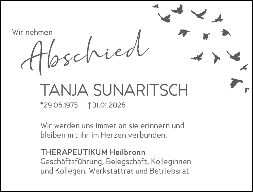  Traueranzeige für Tanja Sunaritsch vom 07.02.2026 aus GESAMT