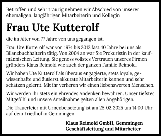 Traueranzeige von Ute Kutterolf von GESAMT