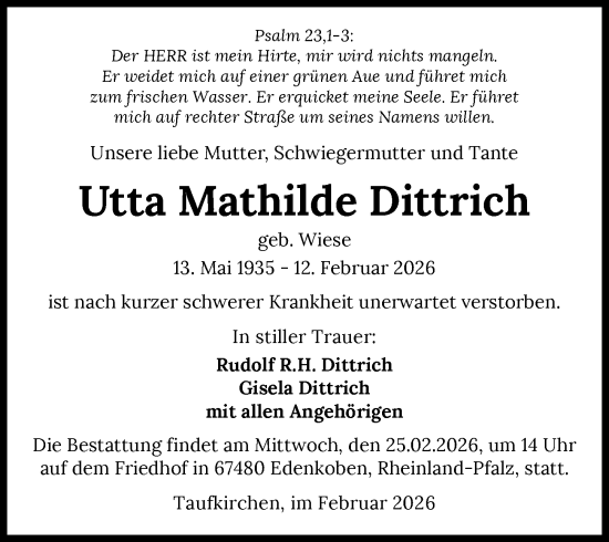 Traueranzeige von Utta Mathilde Dittrich von GESAMT