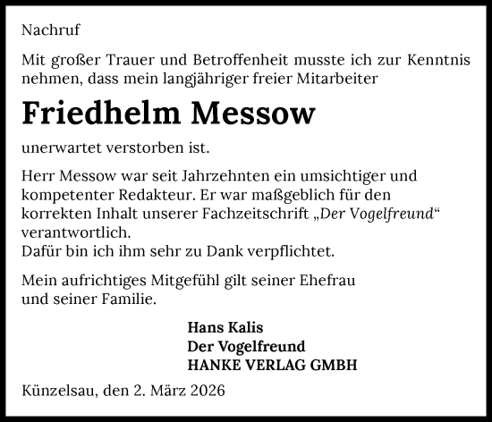 Traueranzeige von Friedhelm Messow von GESAMT