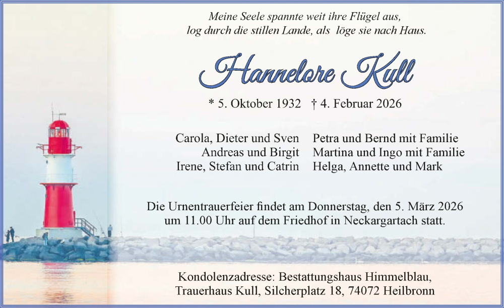  Traueranzeige für Hannelore Kull vom 28.02.2026 aus GESAMT