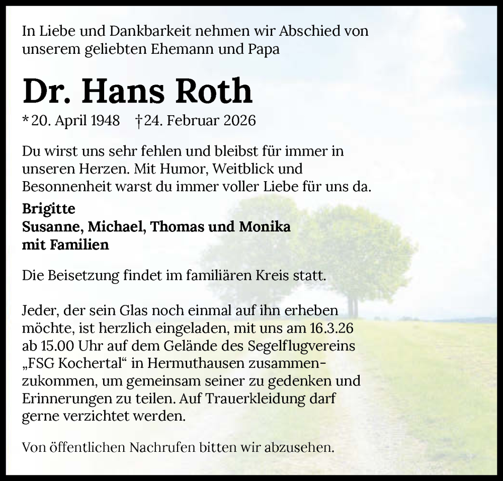  Traueranzeige für Hans Roth vom 03.03.2026 aus GESAMT