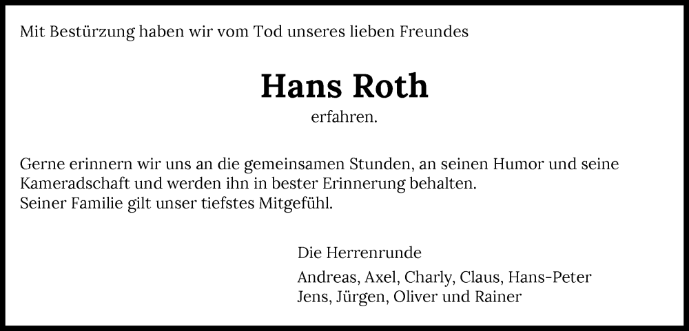  Traueranzeige für Hans Roth vom 03.03.2026 aus GESAMT