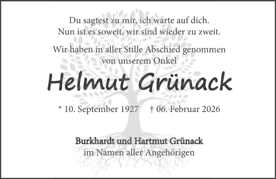 Traueranzeige von Helmut Grünack von GESAMT
