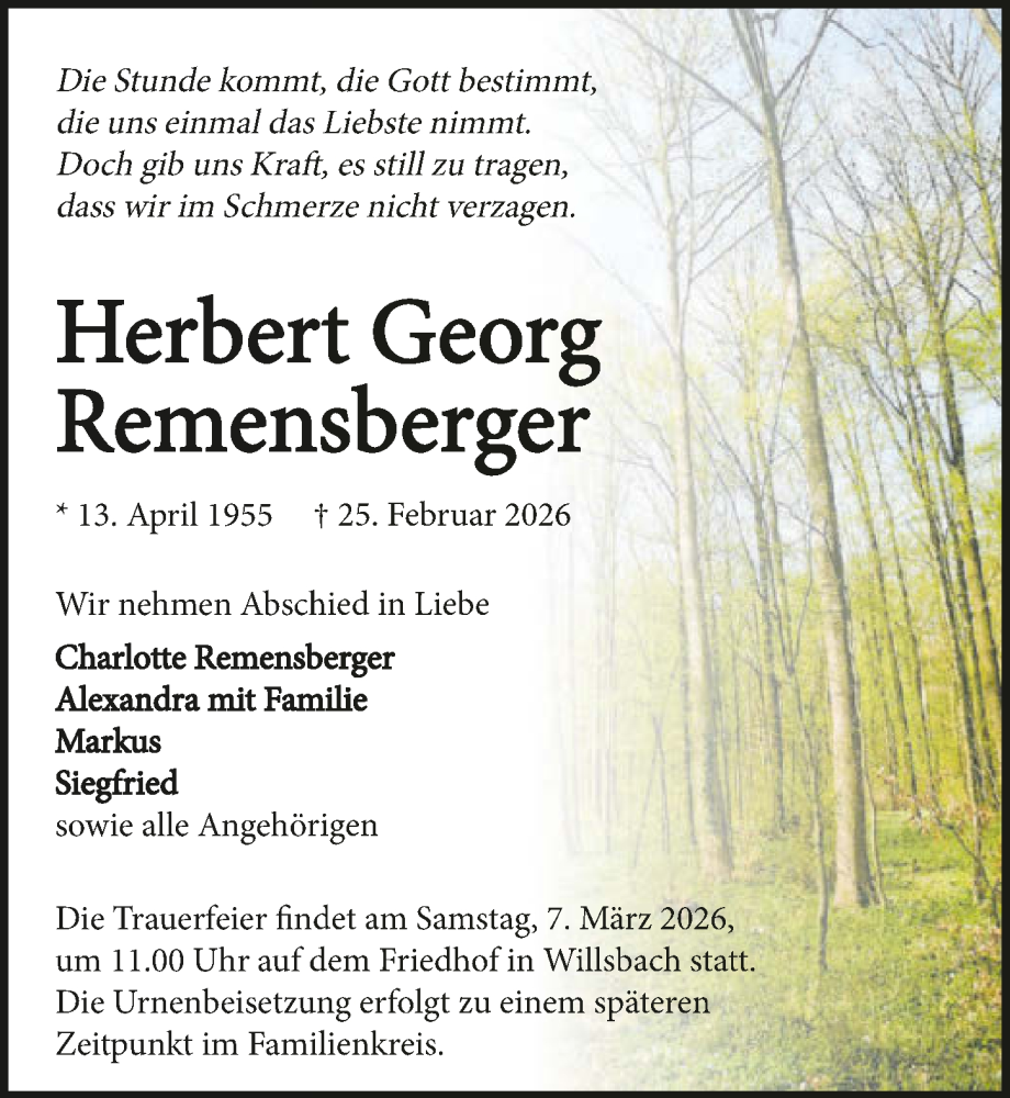  Traueranzeige für Herbert Georg Remensberger vom 03.03.2026 aus GESAMT