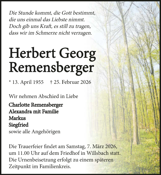 Traueranzeige von Herbert Georg Remensberger von GESAMT