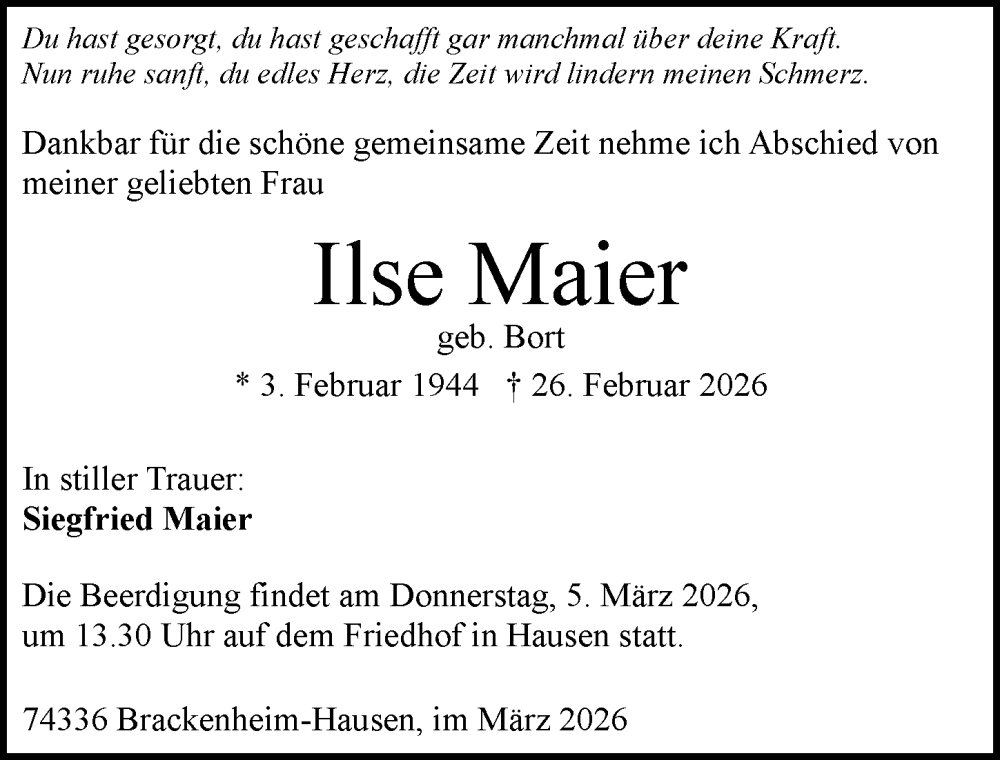  Traueranzeige für Ilse Maier vom 03.03.2026 aus GESAMT