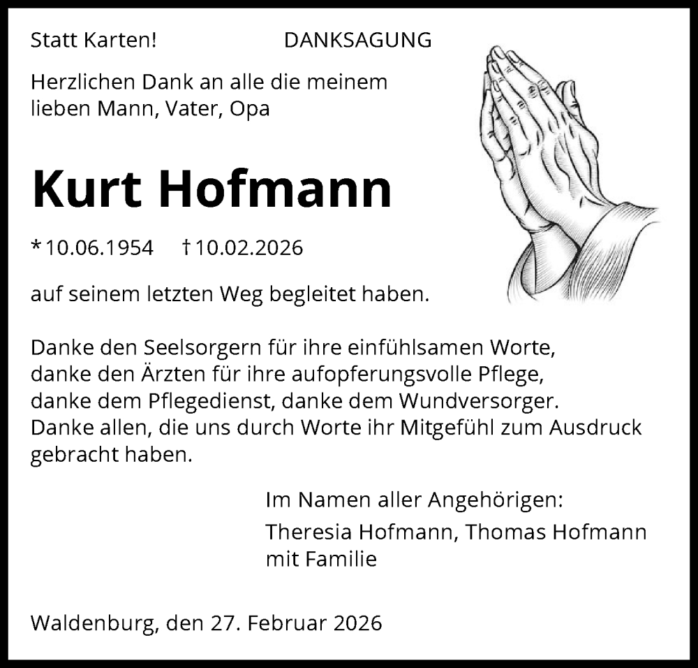  Traueranzeige für Kurt Hofmann vom 03.03.2026 aus GESAMT